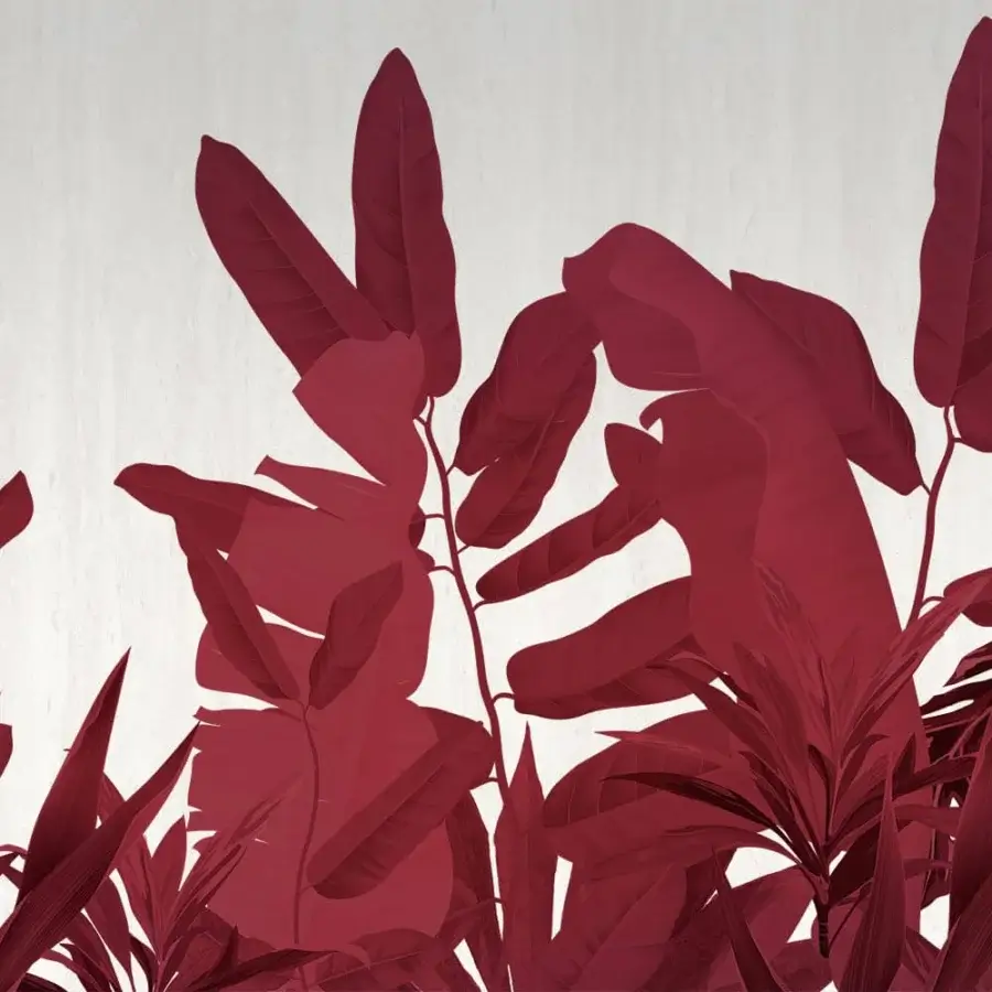 Distinguished Adriani e Rossi Tropicana Trend wallpaper with stylized tropical foliage in rich red shades and a subtle fiberglass base layer, matte finish