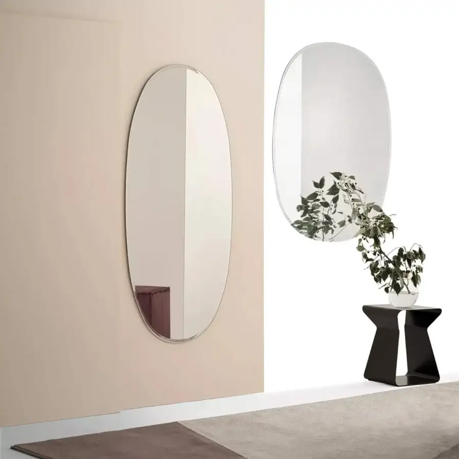 Elegant Bontempi Renoir mirror with curved oval shape and neutral silver-grey satin metal frame
