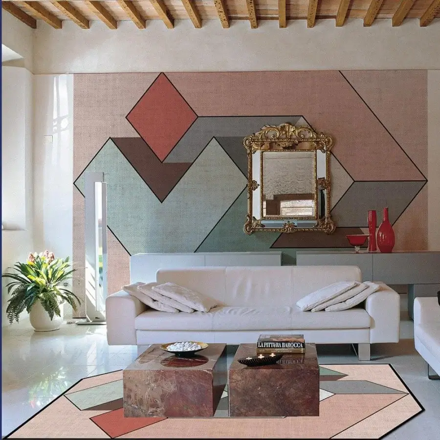 Sophisticated Adriani e Rossi Genius wallpaper with geometric shapes in rose, terracotta, and grayish-green tones crafted in fiberglass