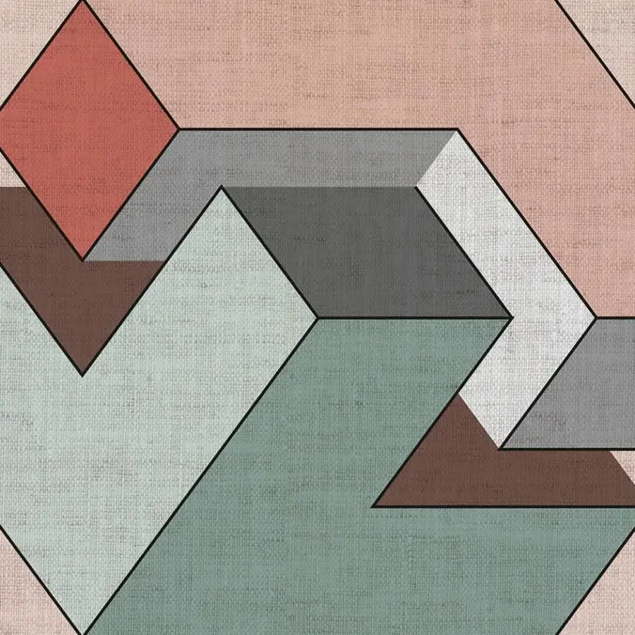 Elegant Adriani e Rossi Genius wallpaper with a contemporary geometric design in red-brown, gray, and teal fiberglass material with a matte finish