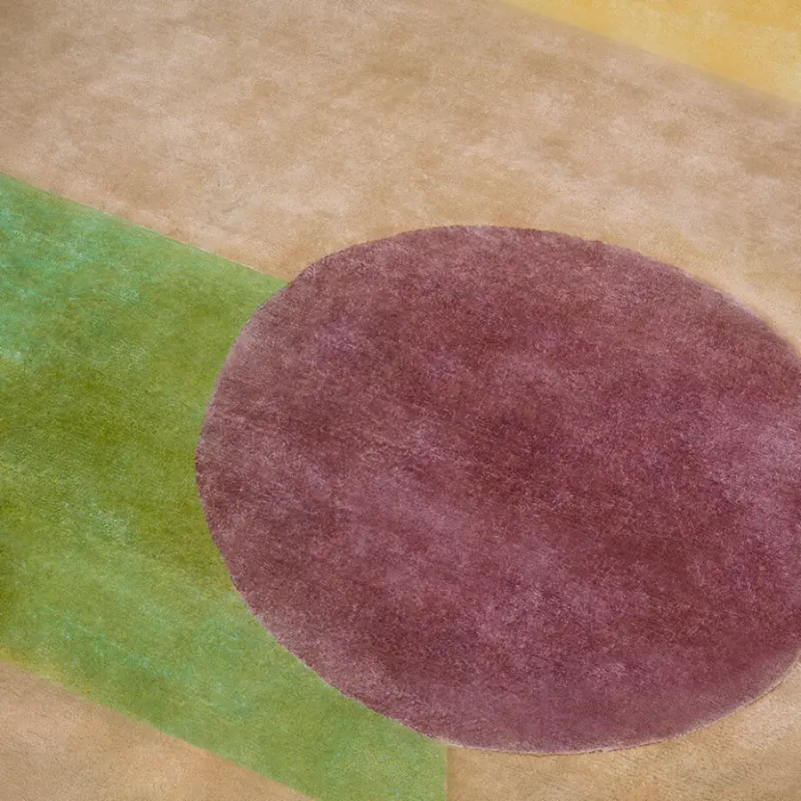 Distinguished Amini Nostalghia rug with abstract color blocking in plum, green, and beige organic cotton with hand-washed carved detailing