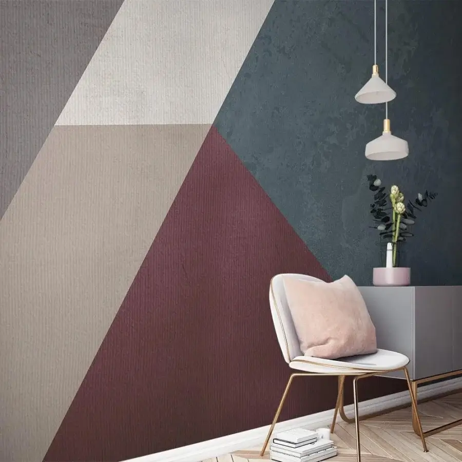 Elegant Adriani e Rossi Geometric Wallpaper with intersecting triangular shapes in teal, burgundy, beige, and grey fiberglass with a matte finish