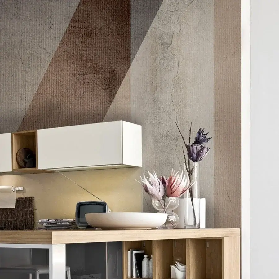 Elegant Adriani e Rossi Geometric Wallpaper with abstract triangular shapes in muted browns and cool grays with a fiberglass base layer