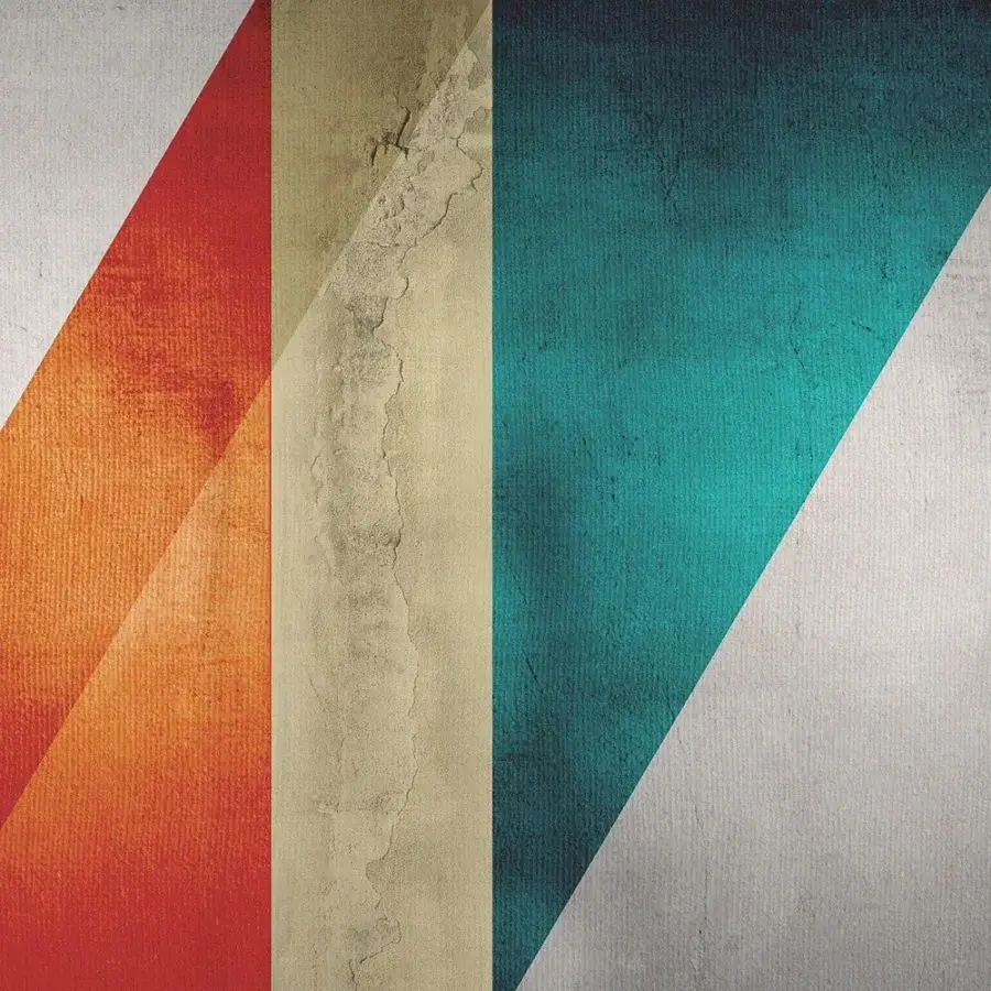 Distinguished Adriani e Rossi Geometric Wallpaper with fragmented planes in red-orange, beige, teal, and white with a fiberglass base and matte finish