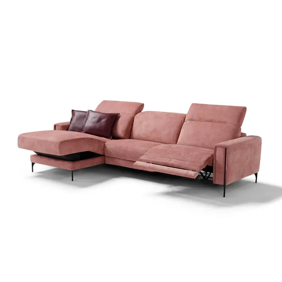 Superior Egoitaliano Gary sectional with rose upholstery, dark metal legs and smooth brown leather pillows