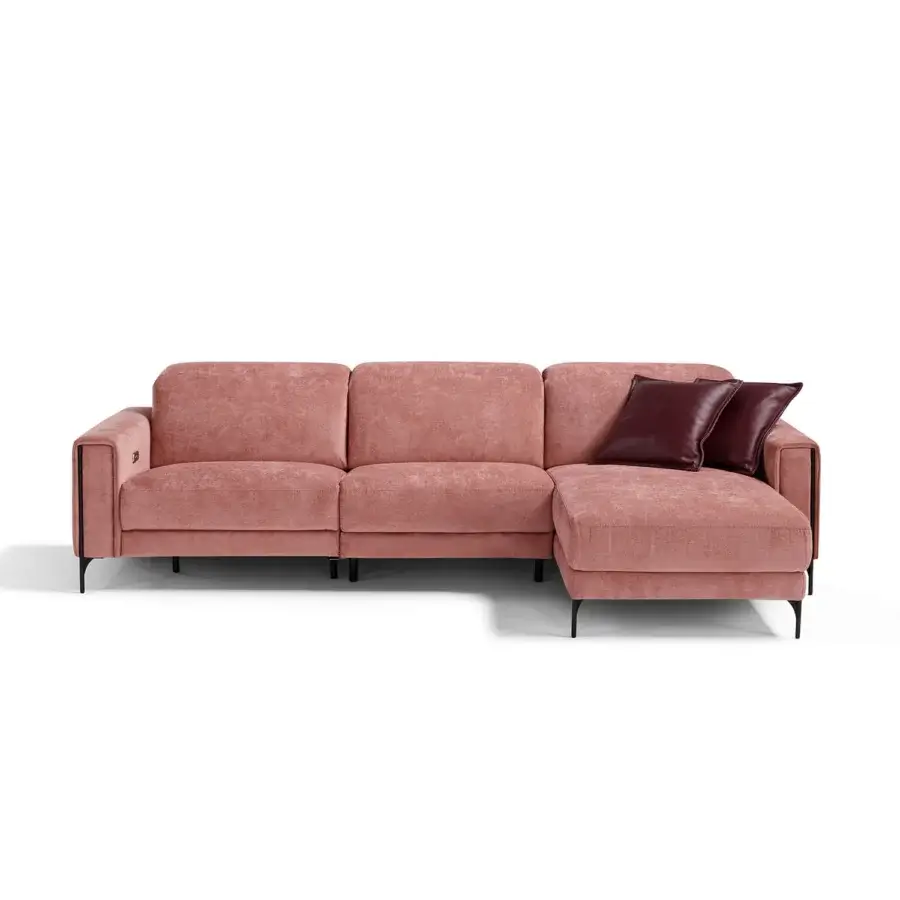 Superior Egoitaliano Gary reclining sectional with muted rose textile upholstery and dark epoxy powder coated metal legs