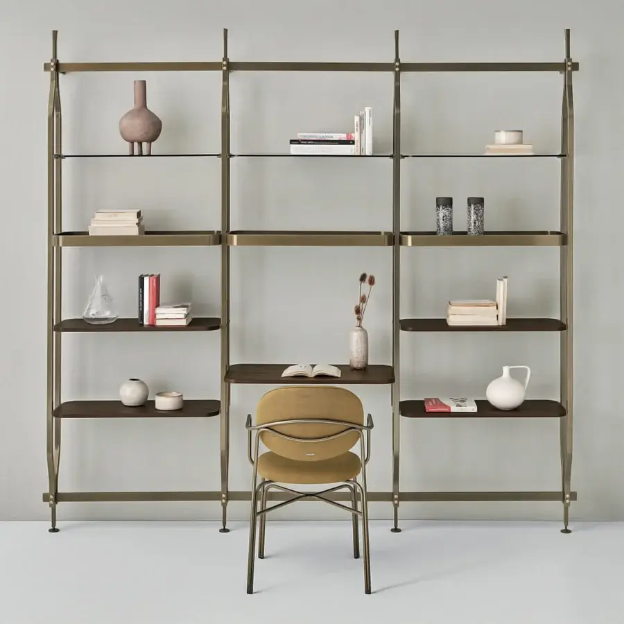 Exceptional Bontempi Charlotte bookcase with desk in muted brass-tone metal and dark brown veneered glass shelving