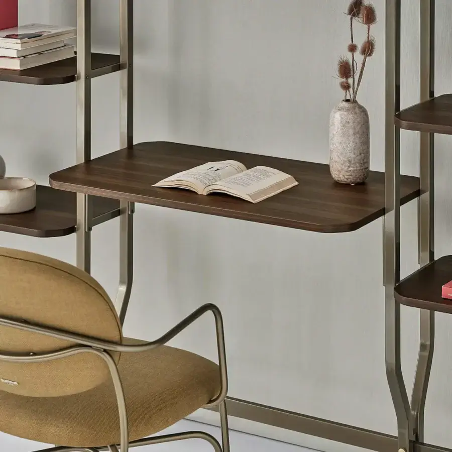 Distinguished Bontempi Charlotte bookcase with desk crafted in veneered wood with satin finish and brass-toned metal frame