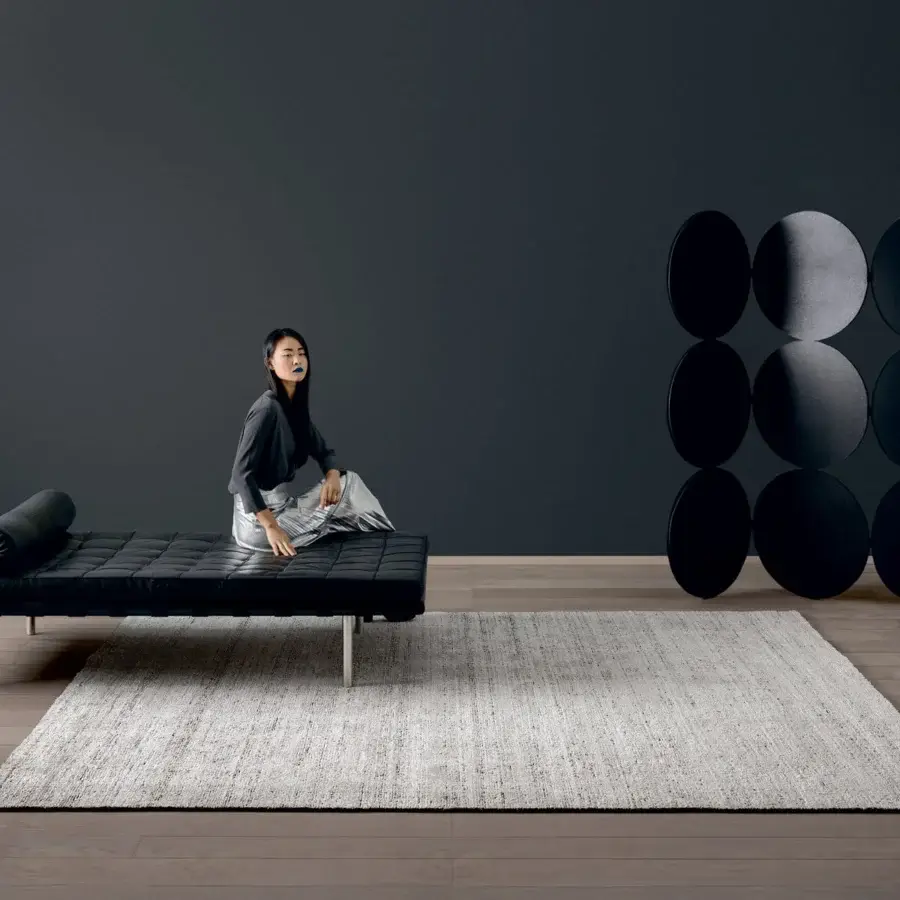 Lavish Amini Perla rug hand loomed in muted gray tones of bamboo silk and wool with a gentle hand wash finish