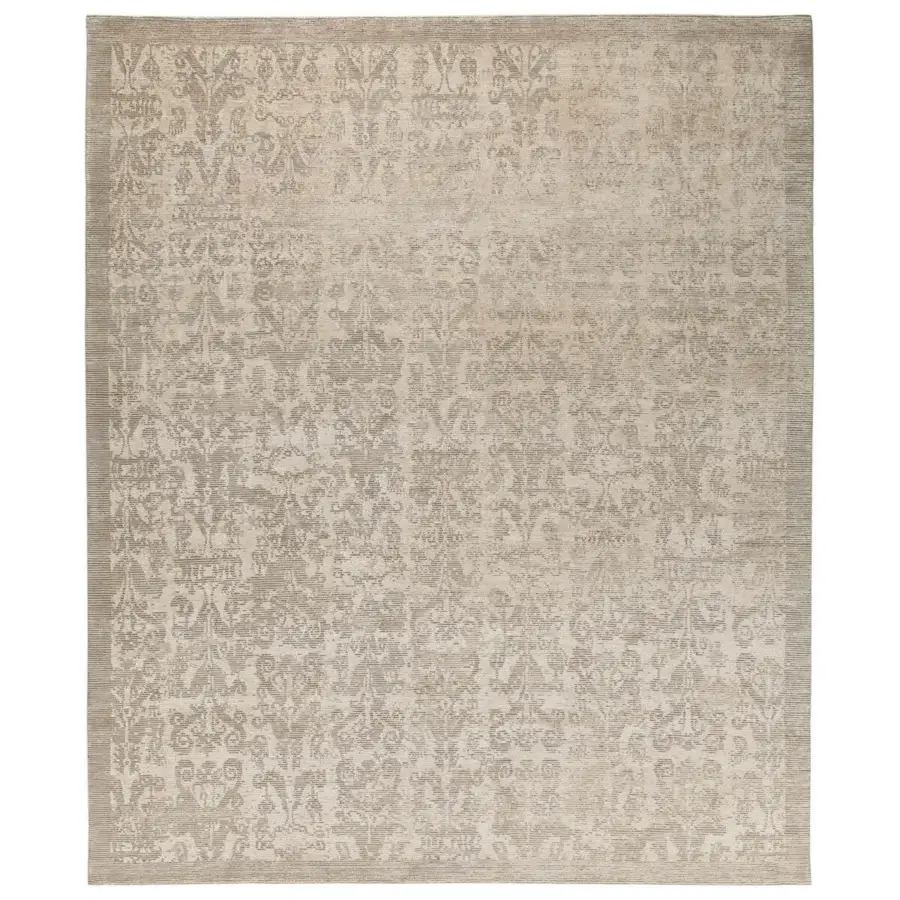 Distinguished Amini Mystique rug hand-knotted in Nepal with natural silk and Tibetan wool exhibiting a floral pattern and textured surface
