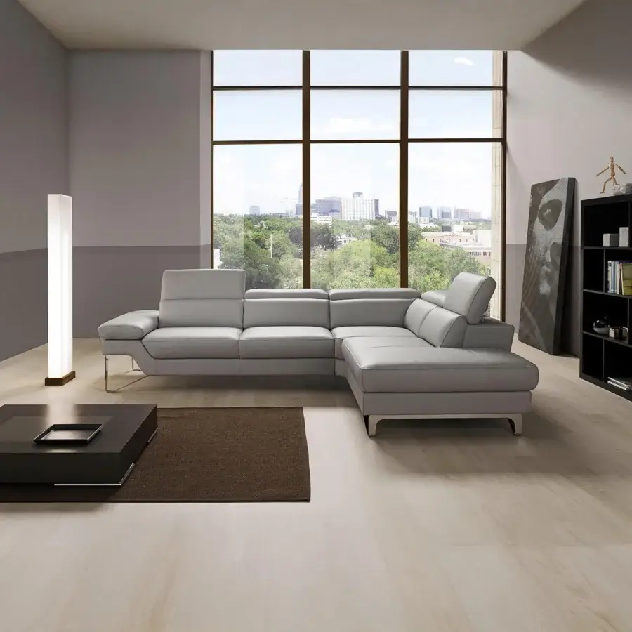 Sophisticated Egoitaliano Princess reclining sectional in light gray textile with polished stainless steel feet