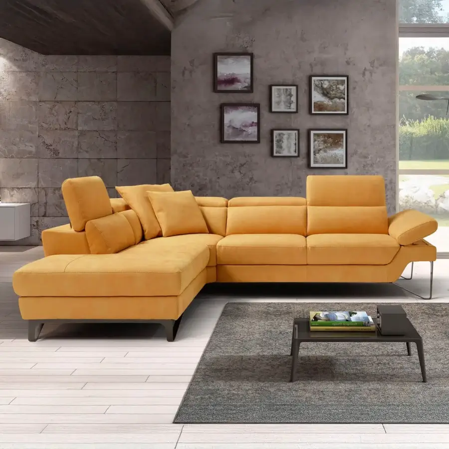 Refined Egoitaliano Princess reclining sectional in golden yellow textile with polished stainless steel legs