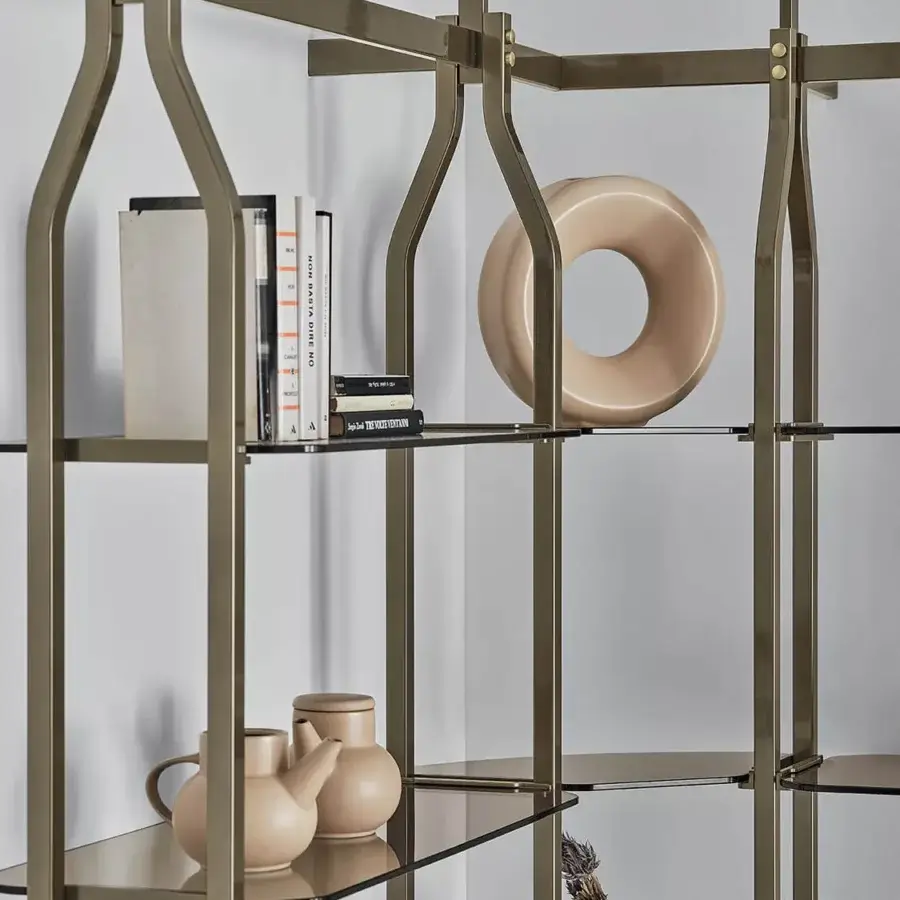 Architectural Bontempi Charlotte Corner Bookcase crafted in metal with a warm, brushed gold finish and integrated glass shelves