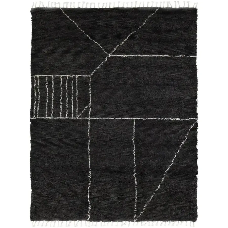Lavish Amini Nomadic rug hand-knotted with wool and mohair displaying a dark field and crisp off-white geometric lines with hand washing