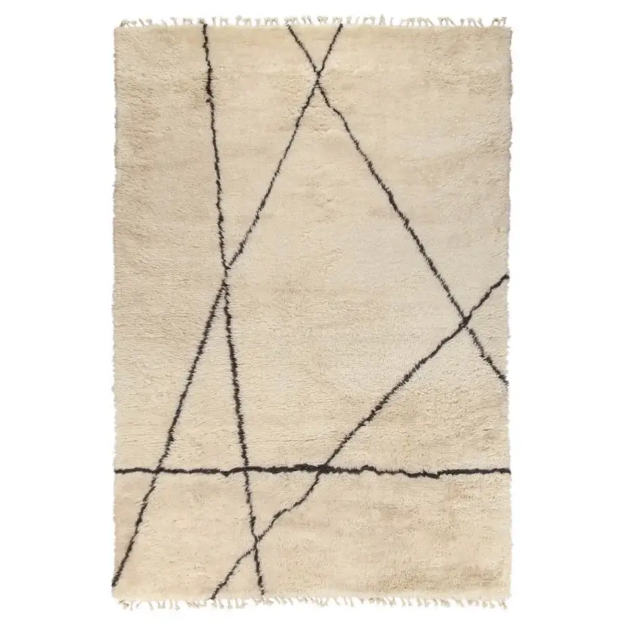 Superior Amini Nomadic rug hand-knotted in India with creamy off-white wool and dark brown linear patterns, finished with a hand-washed carved texture