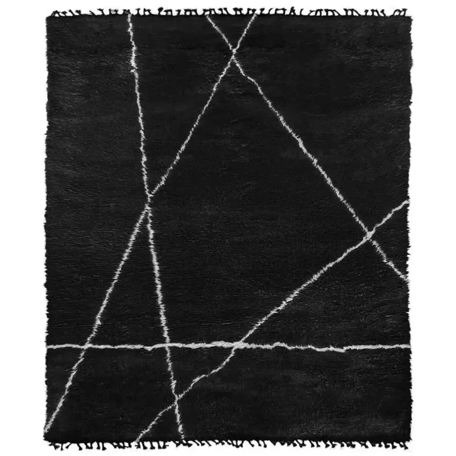 Superior Amini Nomadic rug hand-knotted with wool and mohair displaying a geometric pattern in black and ivory with a matte finish