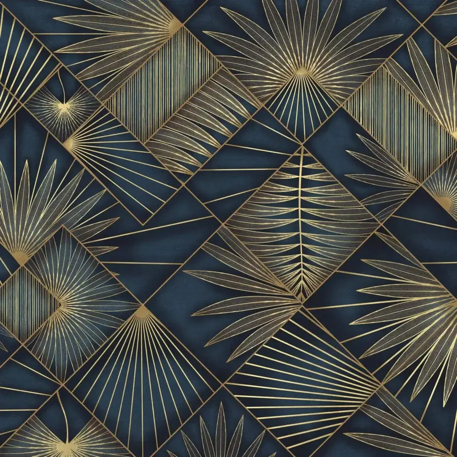 Sophisticated Adriani e Rossi Naturalia wallpaper with geometric golden palm fronds against deep teal fiberglass base and matte finish