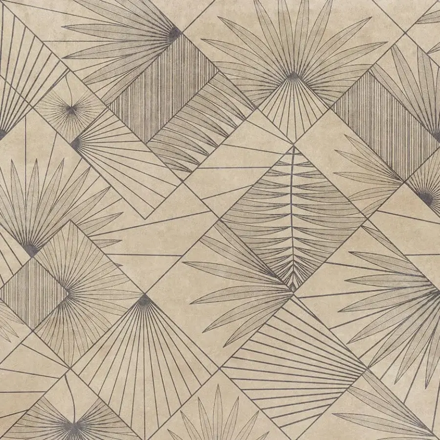 Sophisticated Adriani e Rossi Naturalia wallpaper with geometric palm frond patterns in muted gray against warm beige crafted with a textured matte finish
