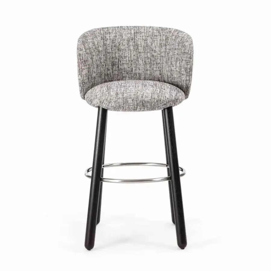 Elegant Enrico Pellizzoni Isabel stool with curved form in mottled gray textile and dark Canaletto walnut with satin finish