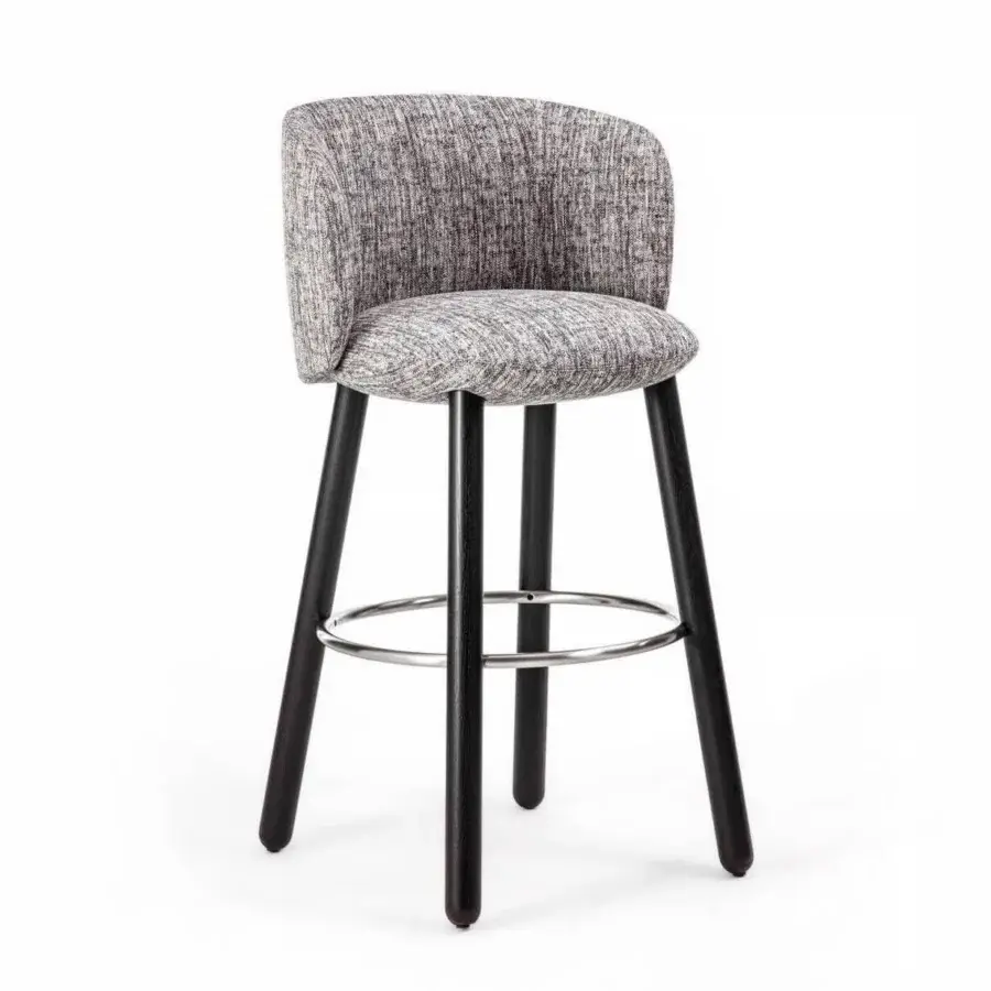 Superior Enrico Pellizzoni Isabel stool crafted with ash legs in dark stain and subtly patterned mottled gray textile