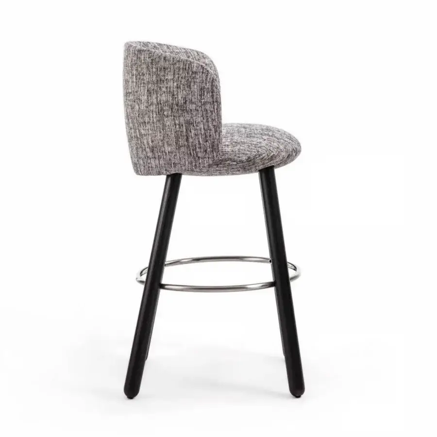 Distinguished Enrico Pellizzoni Isabel stool upholstered in textured mottled gray textile with dark matte wood and steel frame
