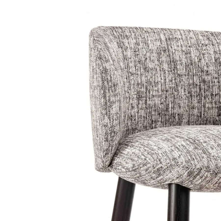 Elegant Enrico Pellizzoni Isabel stool upholstered in textured neutral gray fabric with Canaletto walnut finished turned solid wood legs