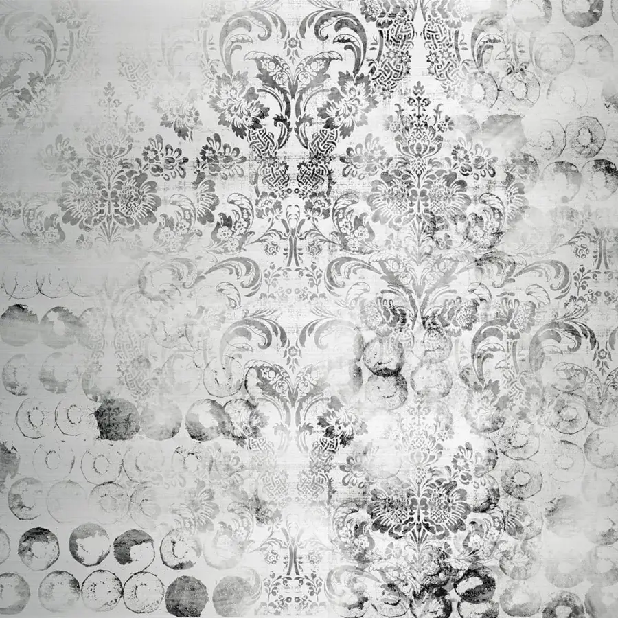 Lavish Adriani e Rossi Victory wallpaper exhibits ornate floral, geometric motifs in a muted gray with distressed texture