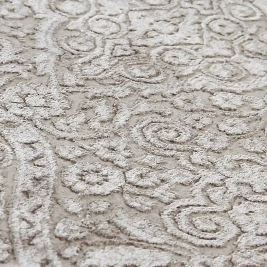 Exceptional Amini Bellagio rug with swirling floral patterns in beige green wool and viscose with a textured two-level pile finish