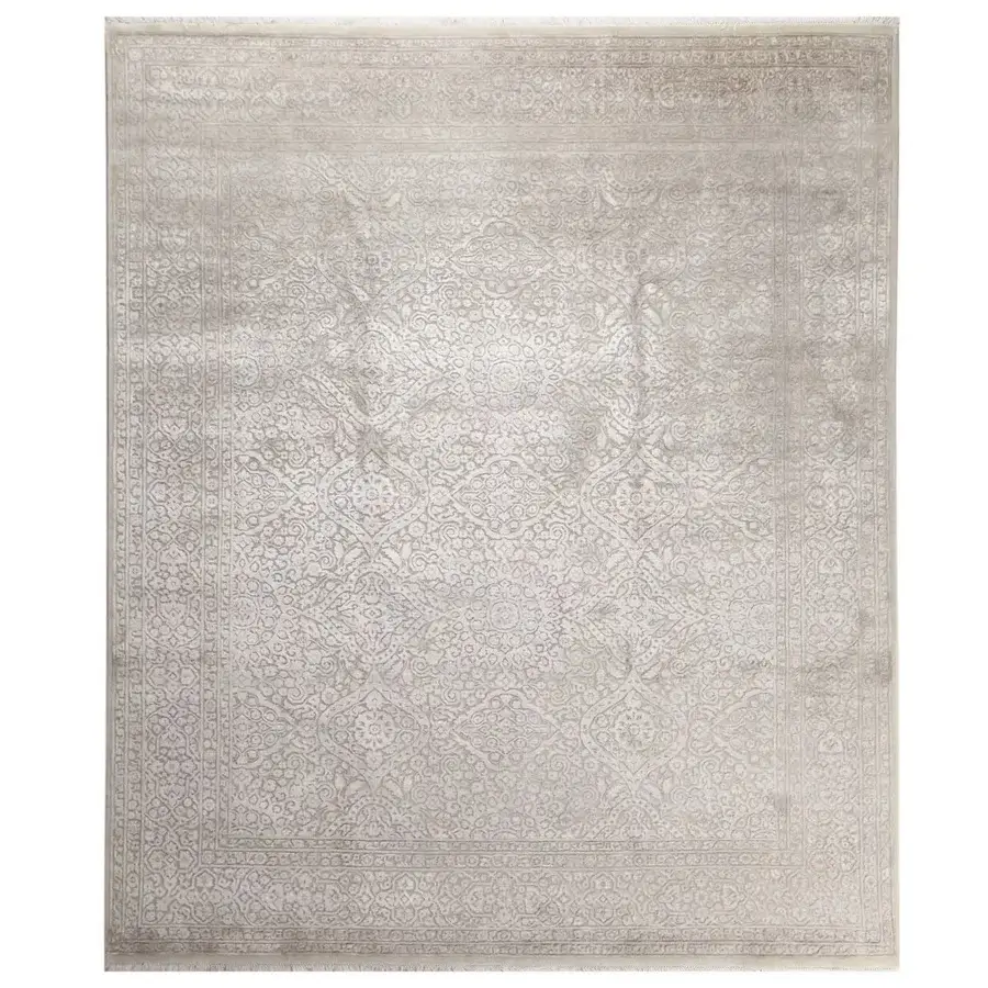 Distinguished Amini Bellagio rug showcasing intricate patterns in muted beige wool and viscose with a refined two-level pile finish