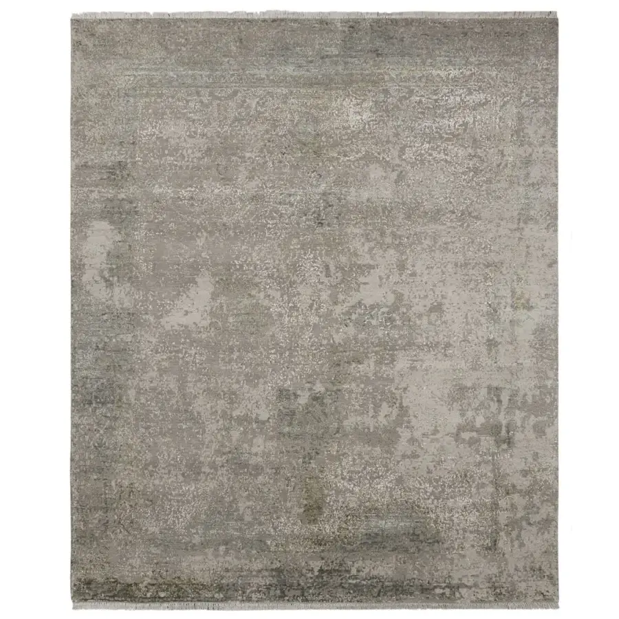Exceptional Amini Bellagio rug exhibiting a mottled pattern in muted gray and olive green wool and viscose with carved detailing