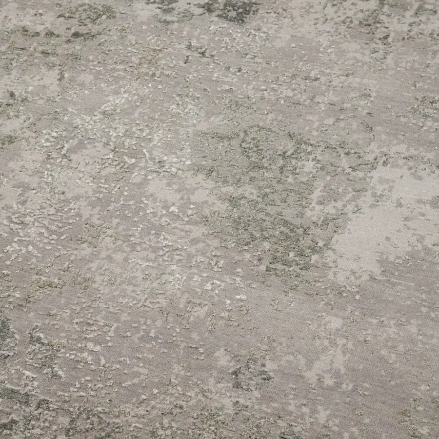 Lavish Amini Bellagio rug exhibiting an abstract pattern in gray, beige, and olive with a hand-knotted wool and viscose pile and carved texture