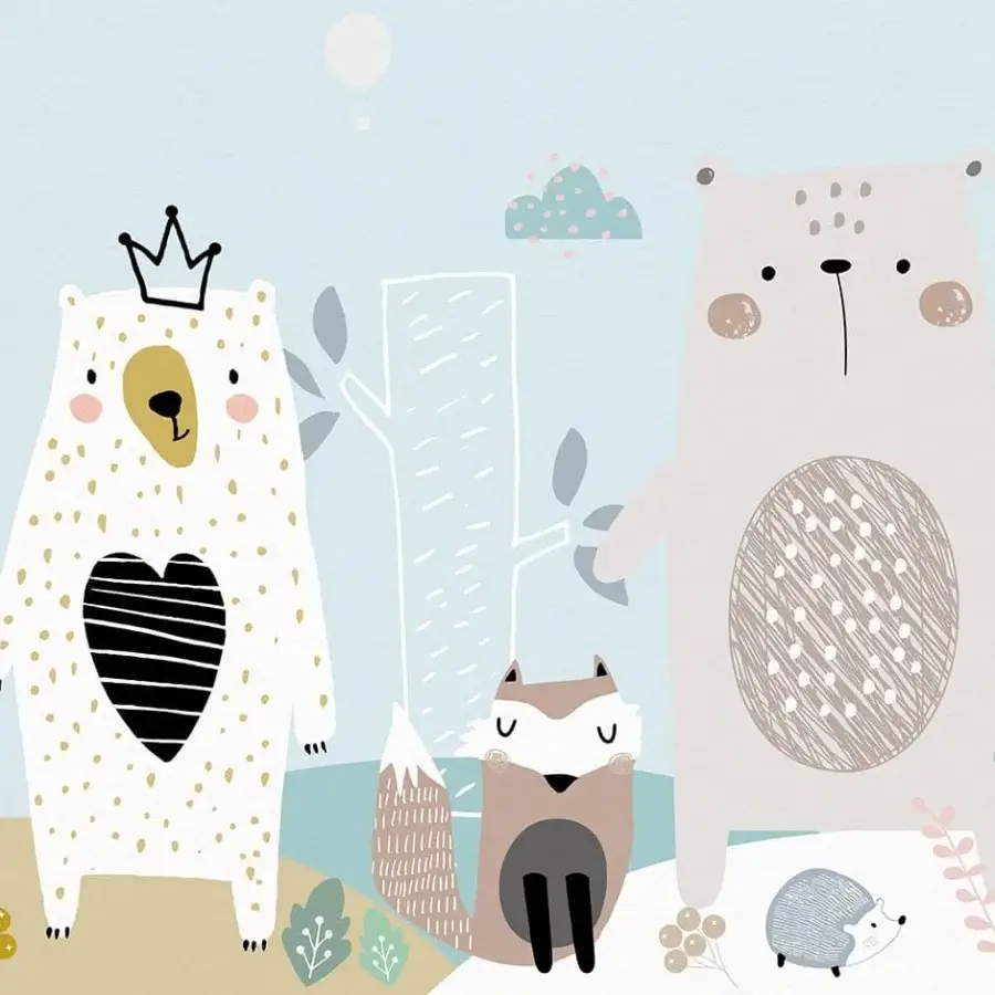 Superior Adriani e Rossi Kids Forest Gang wallpaper with illustrated animal characters and soft-touch finish in creams, browns, and pale blues