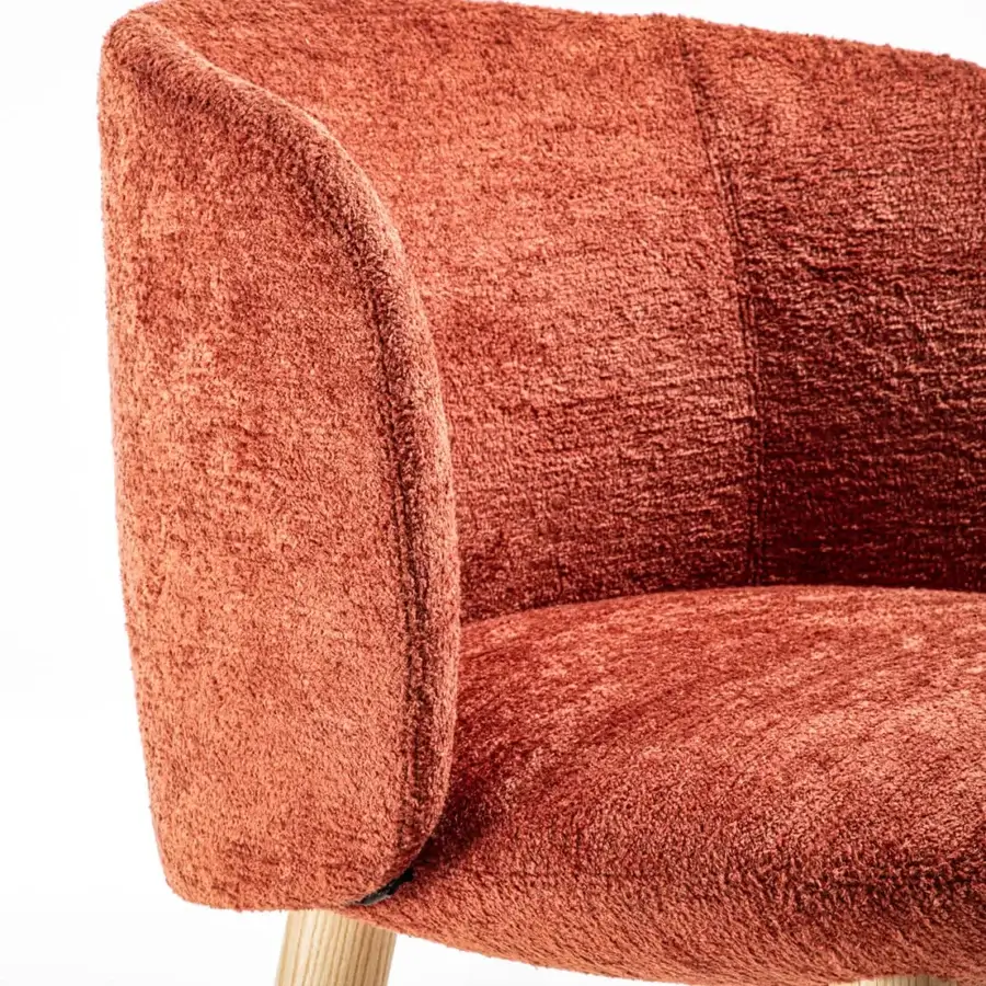 Lavish Enrico Pellizzoni Isabel chair with terracotta textured fabric upholstery and beautifully turned natural ash wood legs