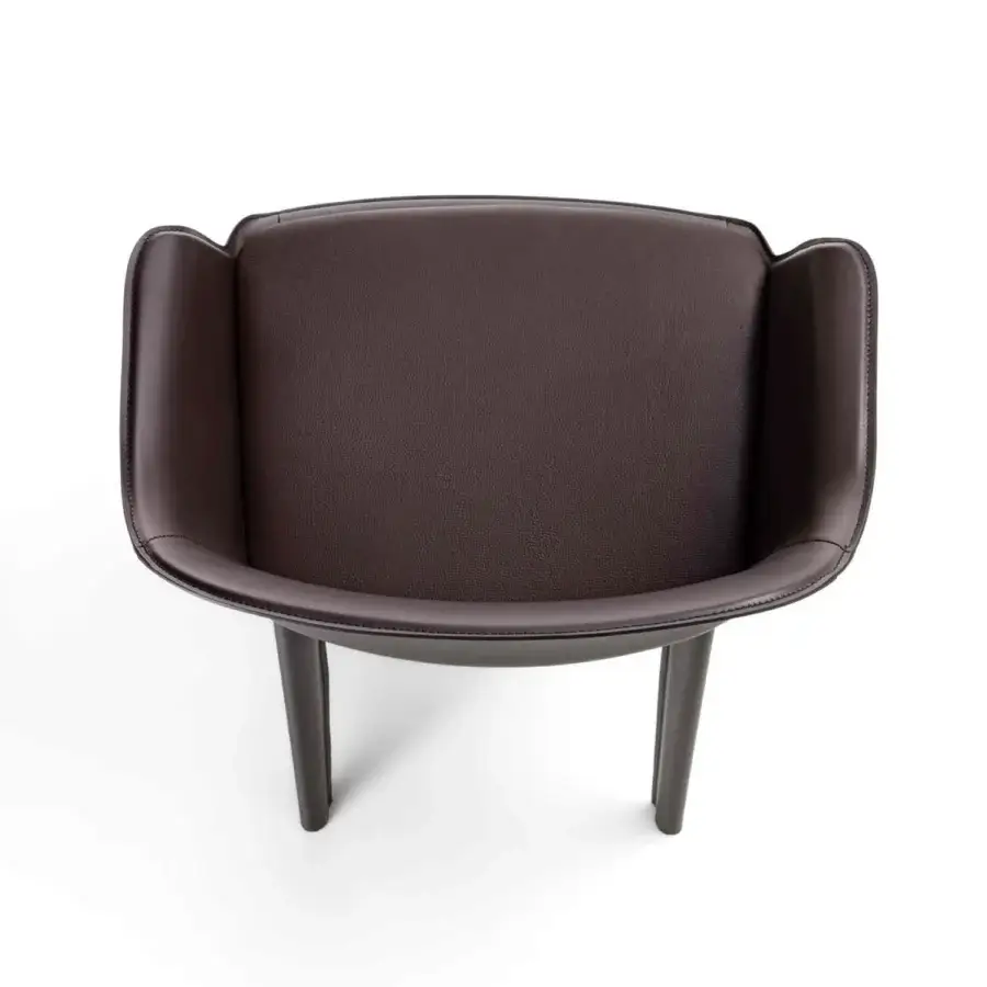 Superior Enrico Pellizzoni Eva armchair with rounded silhouette and integrated seat, upholstered in smooth dark brown leather