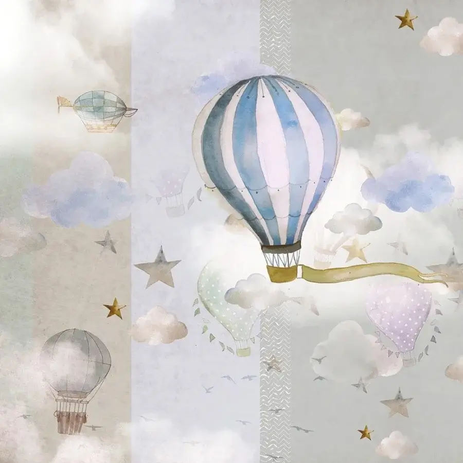Exceptional Adriani e Rossi Kids Jad wallpaper with hot air balloon design in pastel blue and pink textile with soft-touch finish