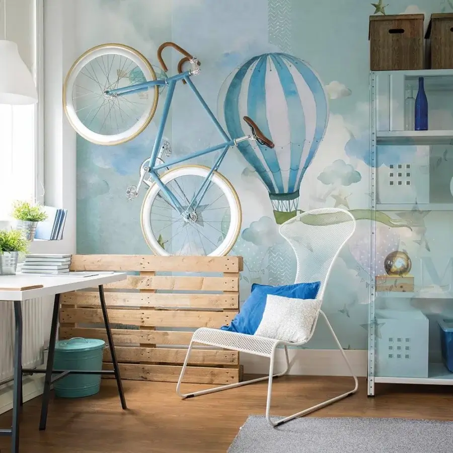 Superior Adriani e Rossi Kids Jad wallpaper with hot air balloon mural in pastel blue and textile material with smooth matte finish