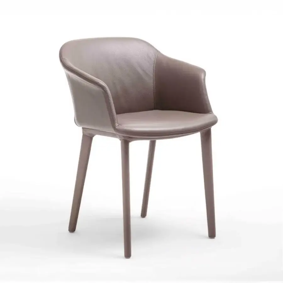 Elegant Enrico Pellizzoni Eva armchair upholstered in smooth leather with fully covered legs in a warm taupe tone