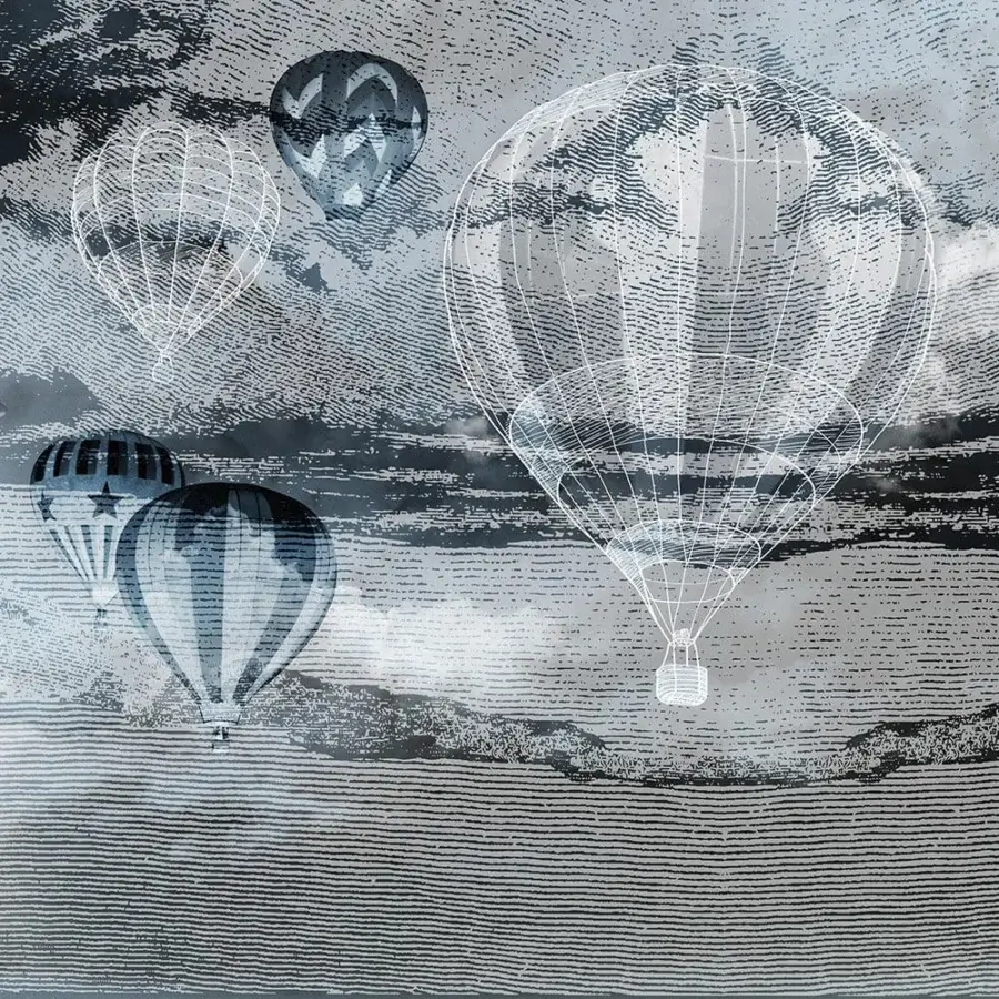 Captivating Adriani e Rossi Kids wallpaper with illustrative hot air balloons against a grayscale cloudy sky in halftone style with textile finish