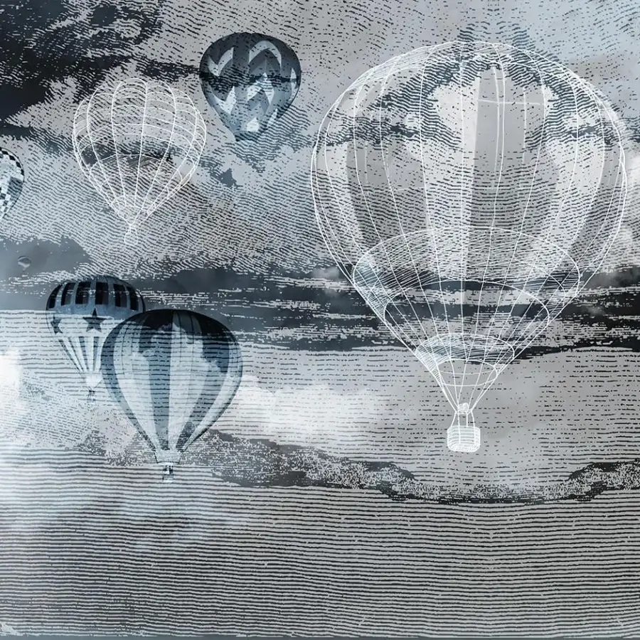 Exceptional Adriani e Rossi Kids wallpaper with glitch effect, hot air balloon design in grays, whites and dark blues with textile finish
