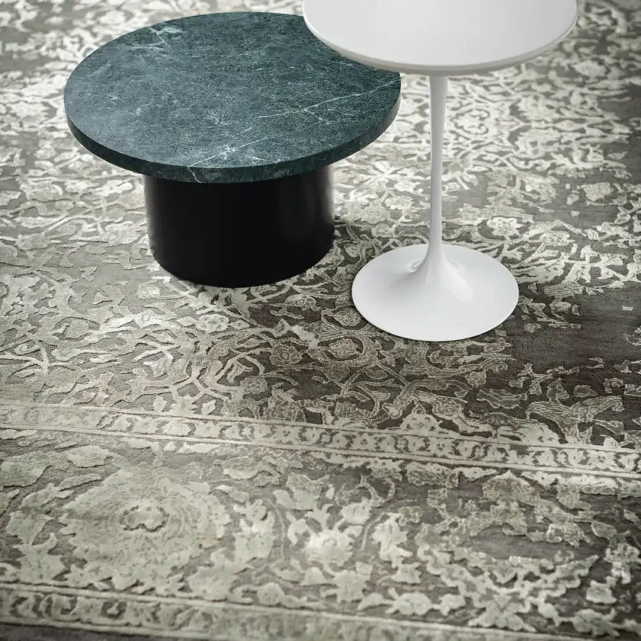 Distinguished Amini Bellagio III rug with muted grey and beige floral-inspired pattern crafted in wool and viscose with two-level finish