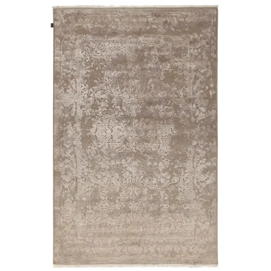 Distinguished Amini Bellagio III rug showcasing a classic ornate pattern in beige and taupe wool viscose with a hand-washed carved finish