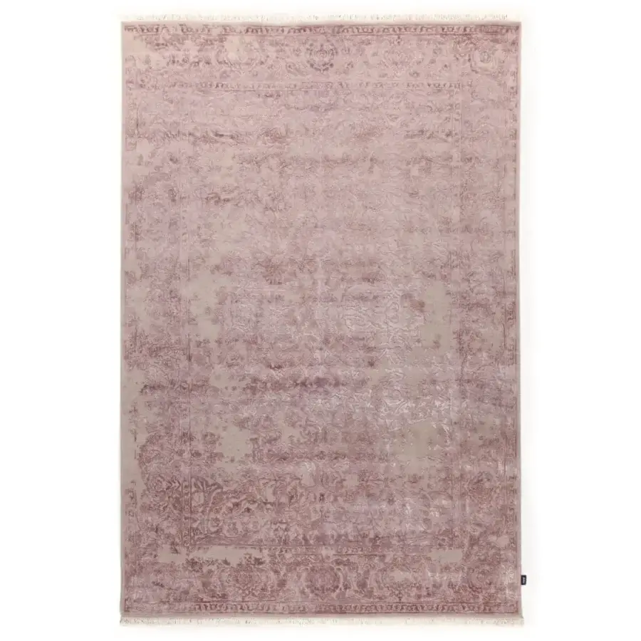 Lavish Amini Bellagio III rug showcasing a muted rose and grey floral pattern hand-knotted in India with wool and viscose for remarkable texture