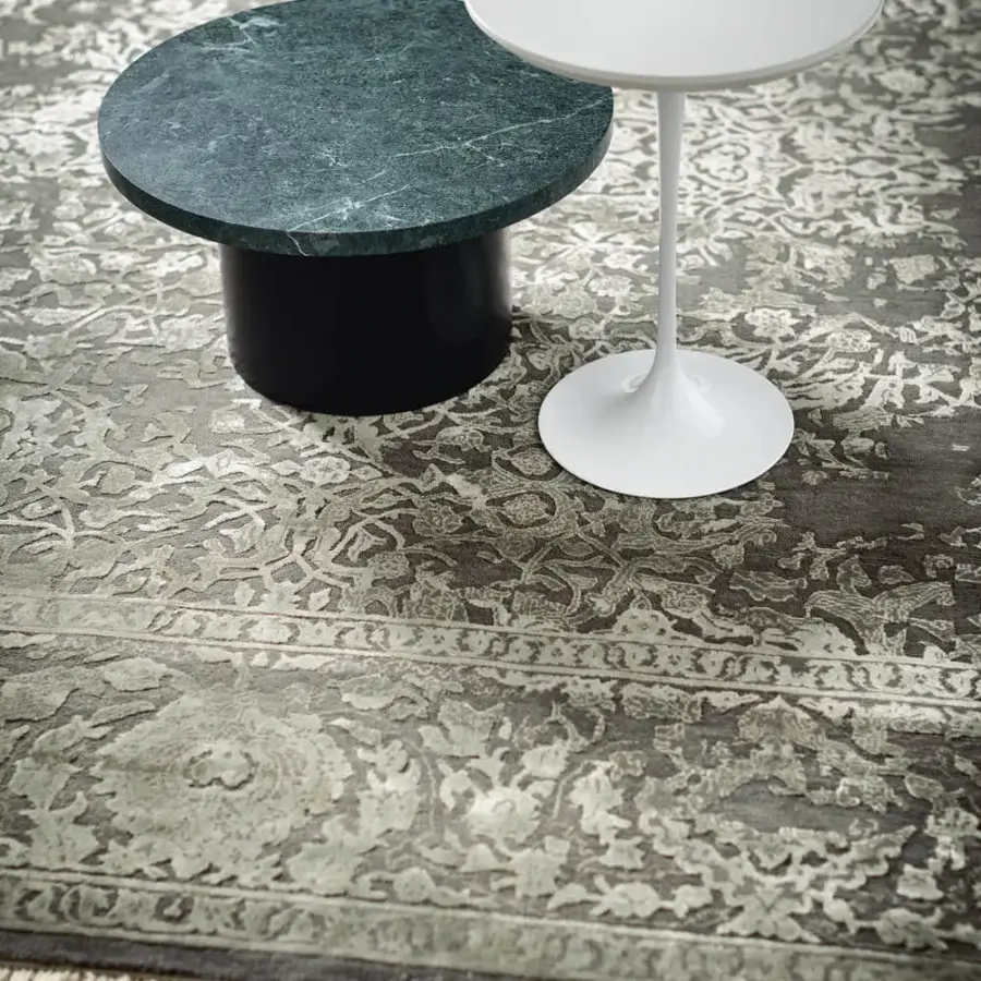 Distinguished Amini Bellagio III rug hand-knotted in Italy with wool and viscose, showcasing a muted grey palette and organic floral pattern