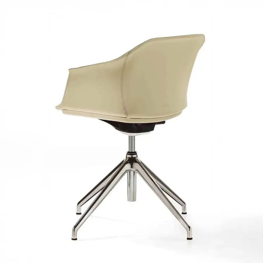 Exceptional Enrico Pellizzoni Eva armchair upholstered in pale beige fabric with a satin silver metal base and gentle curves