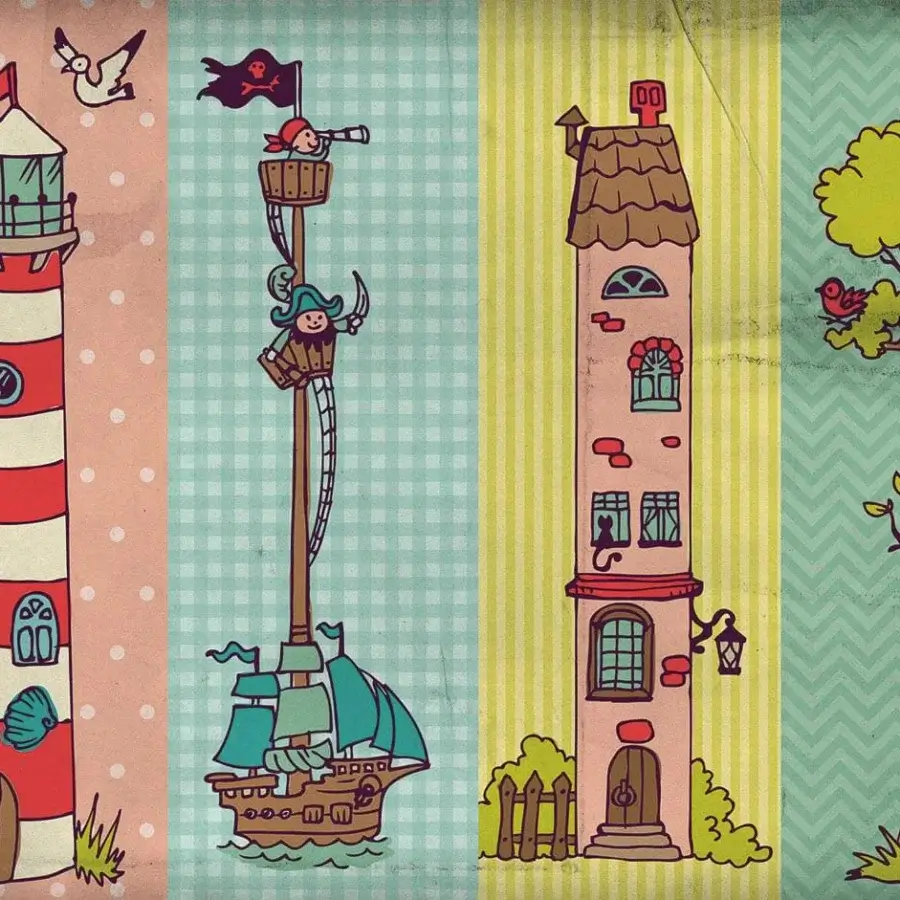 Distinguished Adriani e Rossi Kids wallpaper with playful illustrative scenes in pastel red, blue, green and pink with soft-touch finish