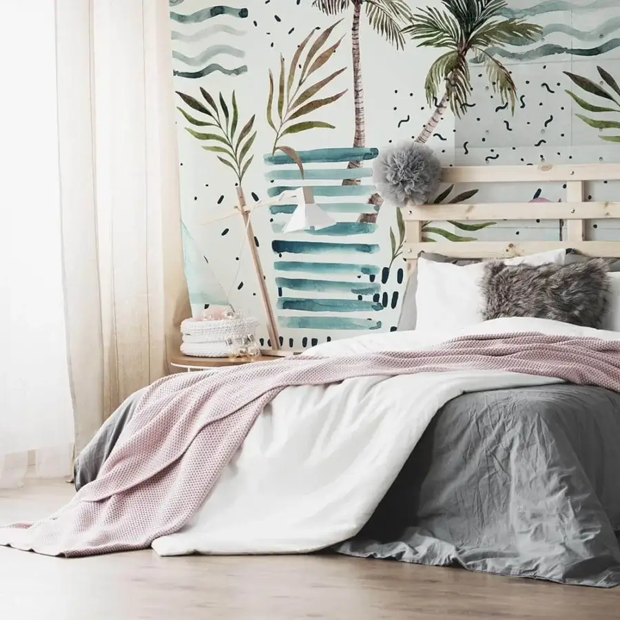 Exceptional Adriani e Rossi Kids wallpaper with watercolor-inspired palm trees and waves in teal and blue against cream, crafted in fiberglass
