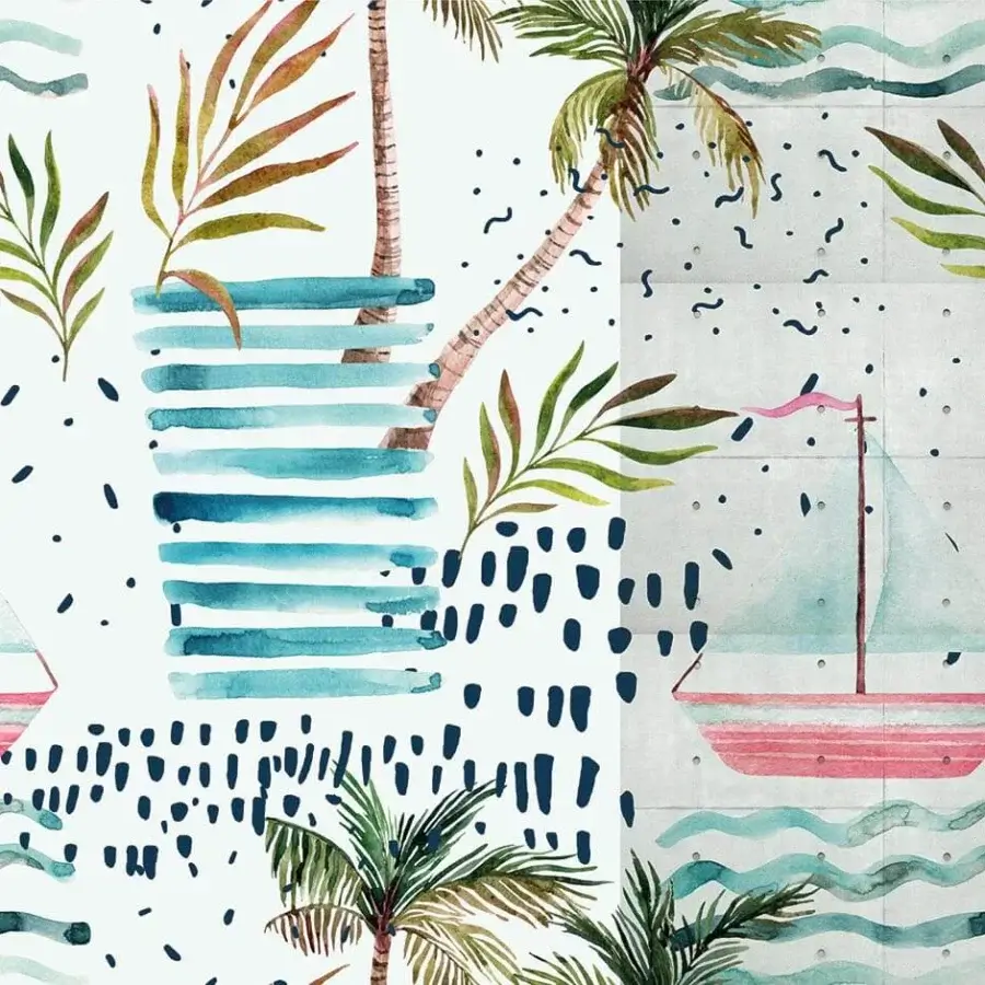Superior Adriani e Rossi Kids wallpaper with stylized palm trees and sailboats in soft teal, coral pink, and muted greens crafted with a textile finish