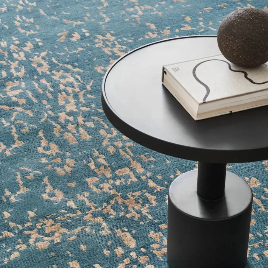 Lavish Amini Artemisia rug with abstract design in teal and gold, hand-knotted wool and viscose with a hand-washed finish