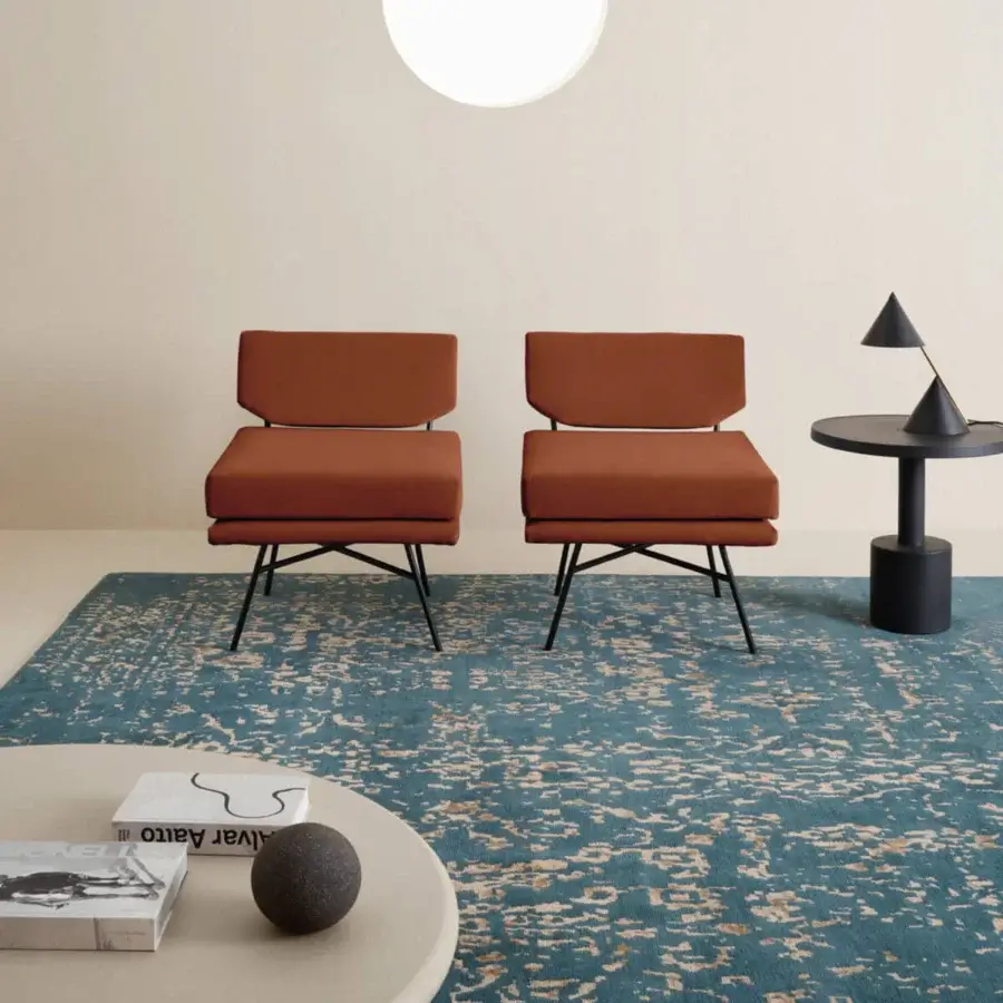 Distinguished Amini Artemisia rug with abstract pattern in muted teal, woven from wool and viscose with a hand-washed, carved finish