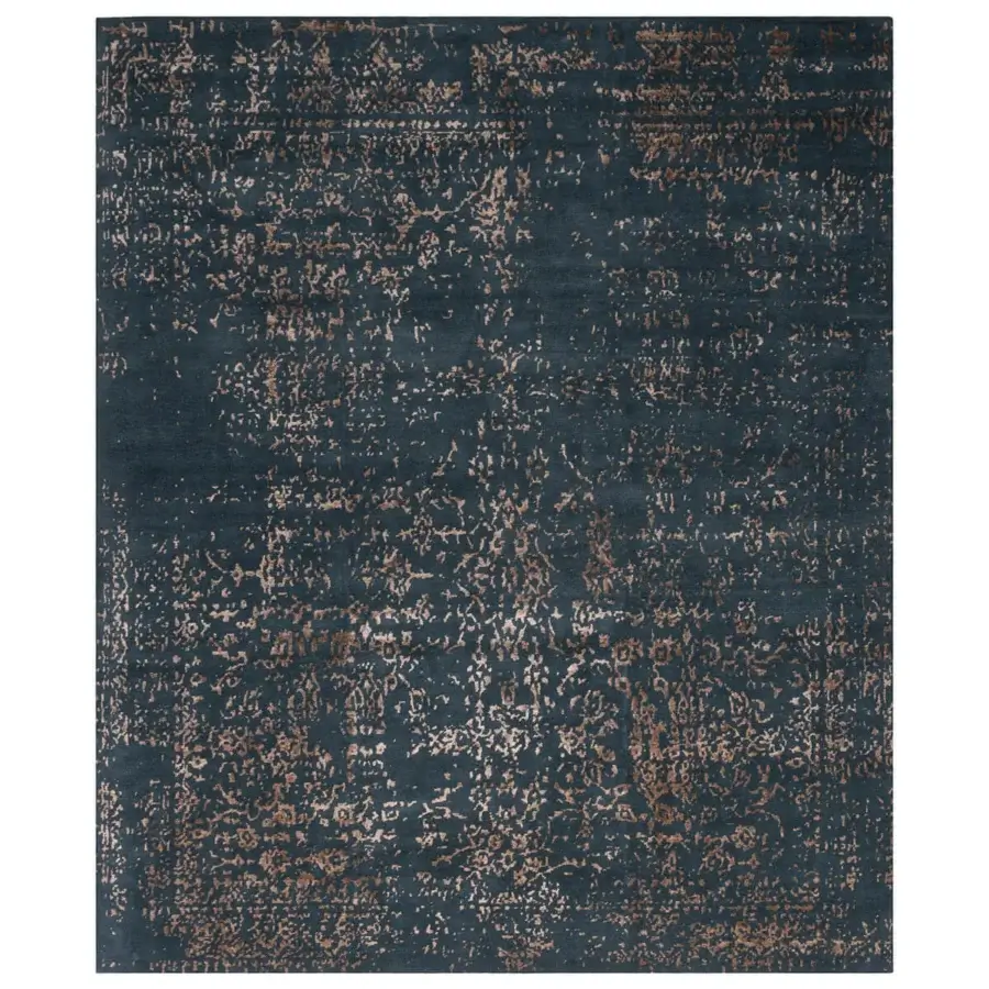 Exceptional Amini Artemisia rug with distressed pattern in deep teal and golden-brown hues, hand-knotted wool and viscose pile